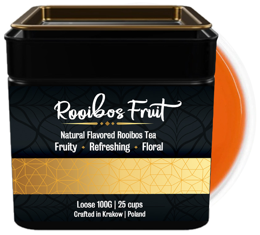 Rooibos Fruit to wyjątkowa mieszanka południowoafrykańskiego rooibosa z naturalnym aromatem malin (7%), hibiskusem (2%), liofilizowanymi malinami (1%) oraz płatkami bławatka (1%). Ta bezkofeinowa kompozycja, zapakowana w elegancką metalową puszkę Leo Tea, łączy w sobie słodycz rooibosa, kwaskowatość hibiskusa i owocową świeżość malin, tworząc rozgrzewający napar idealny na każdą porę dnia.

Charakterystyczną cechą Rooibos Fruit jest jej intensywny, owocowy aromat i piękny, rubinowy kolor naparu, który zawdzięczamy dodatkowi hibiskusu. Obecność prawdziwych liofilizowanych malin i płatków bławatka nadaje herbacie nie tylko wyjątkowy smak, ale także atrakcyjny wygląd. Metalowa puszka nie tylko doskonale chroni herbatę przed utratą świeżości, ale także stanowi stylowy element kuchennej przestrzeni.

Dla naszych klientów przygotowaliśmy atrakcyjną cenowo opcję uzupełnienia – po skończeniu zawartości puszki, można ją wygodnie uzupełnić herbatą z kolekcji doypack, co pozwala cieszyć się ulubionym smakiem w korzystnej cenie.